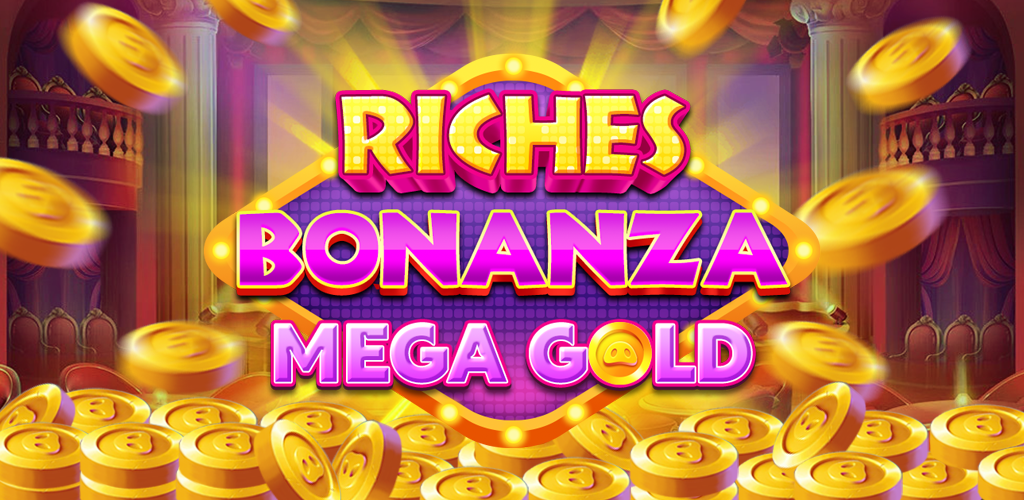 Riches Bonanza Mega Gold title with gold coins in a grand city lounge